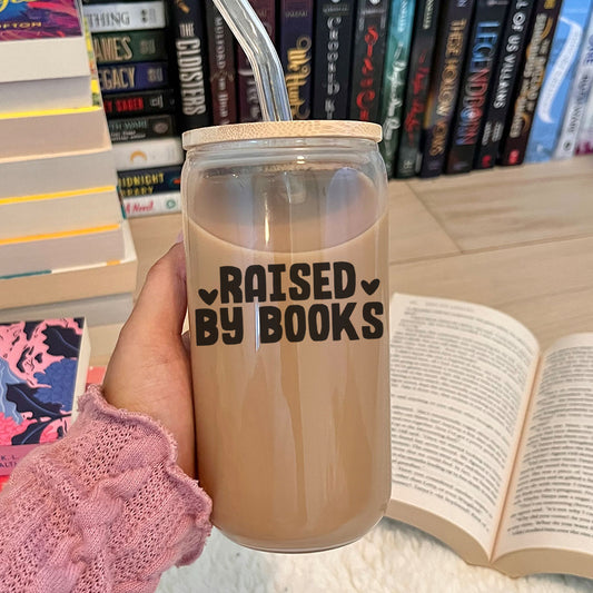 Raised By Books Clear Glass Cup with Bamboo Lid & Straw