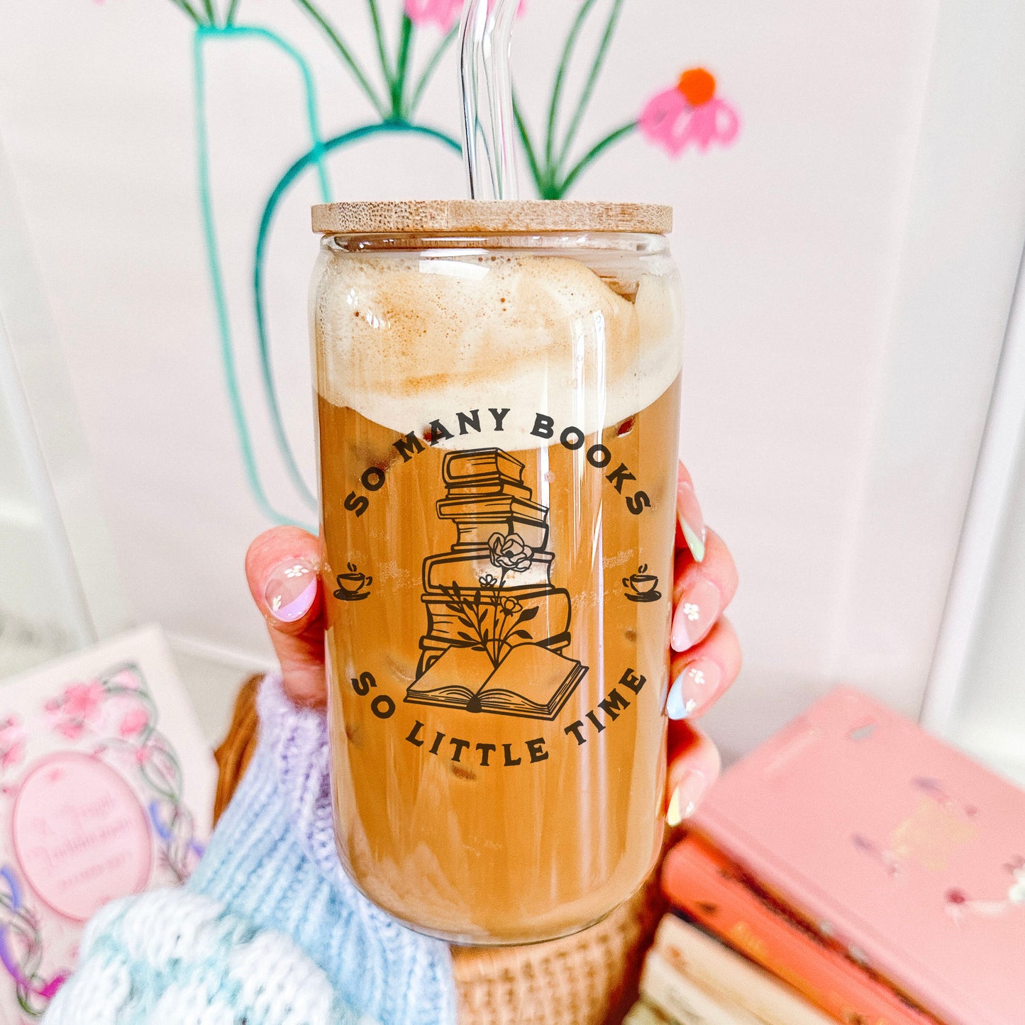So Many Books So Little Time Glass Cup | Bookish Iced Coffee Glass with Bamboo Lid & Straw