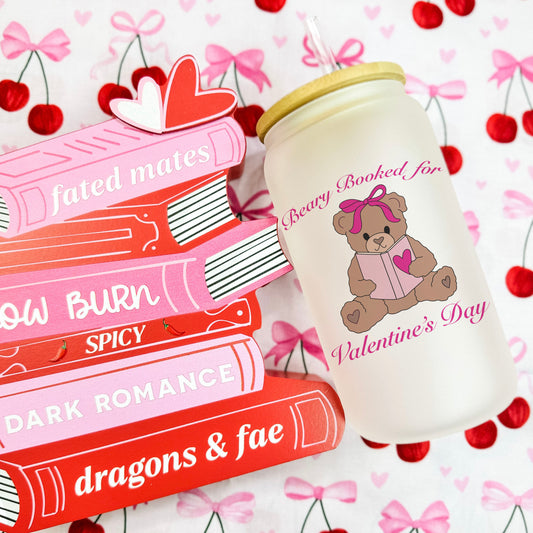 Beary Booked for Valentine’s Day Frosted Glass Cup with Bamboo Lid & Plastic Straw