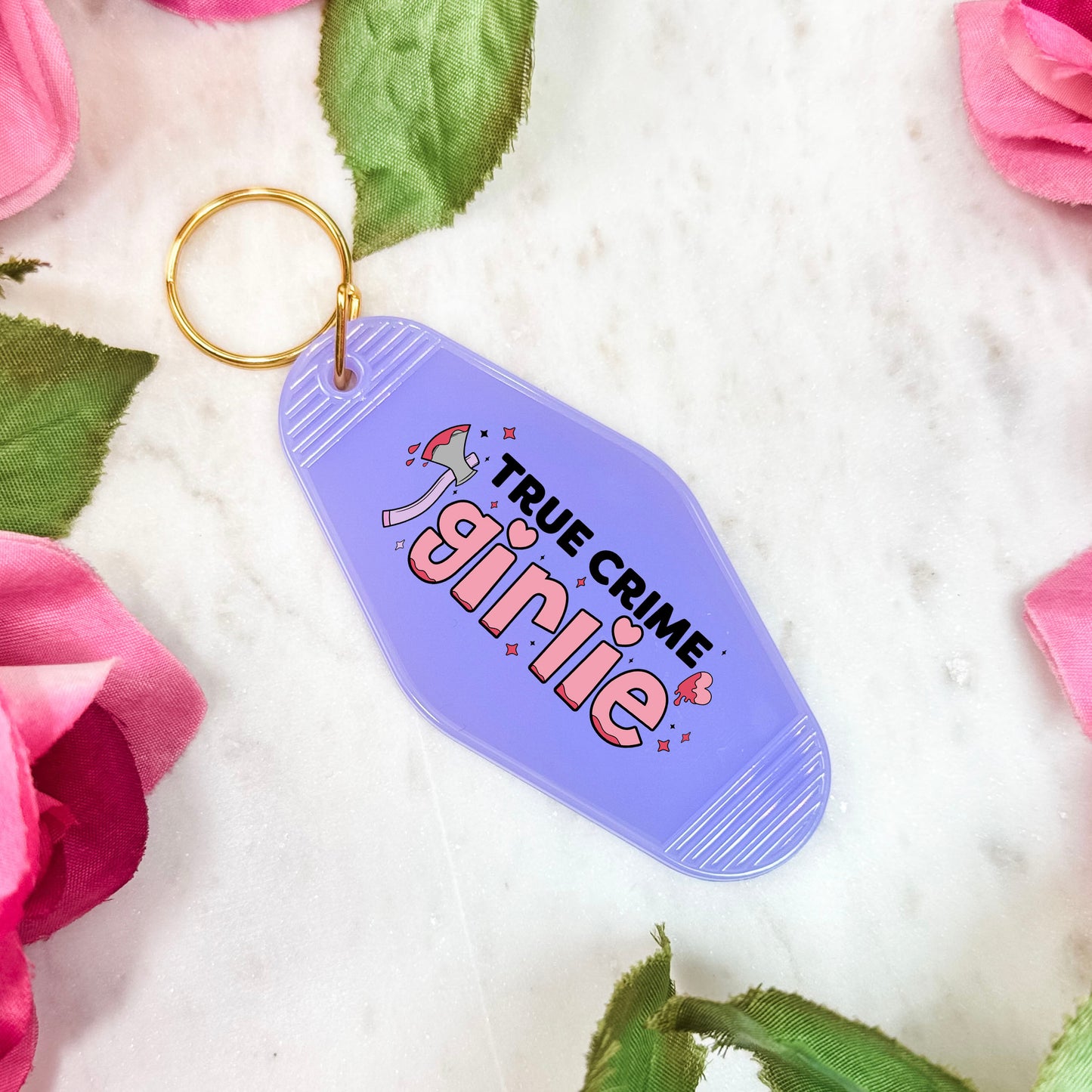 True Crime Girlie Motel Keychain for Mystery and Crime Book Lovers