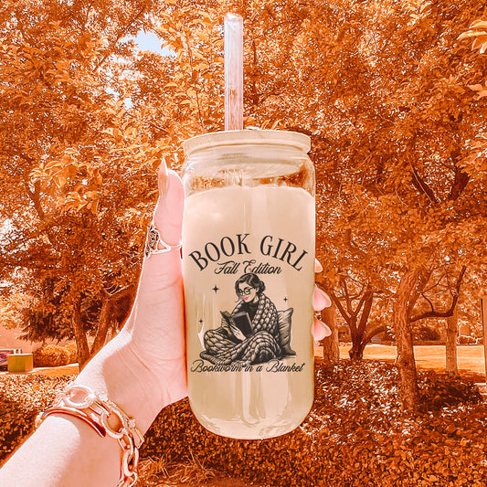Book Girl Fall Edition 16oz Clear Glass Cup | Perfect for Cozy Reading Sessions