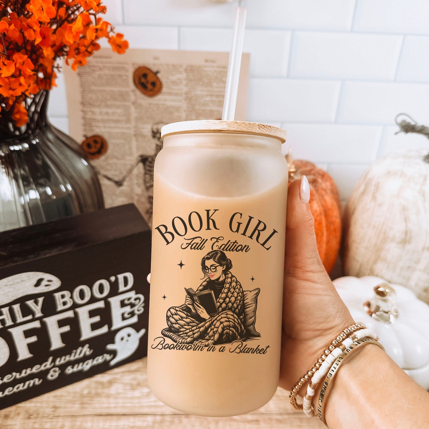 Book Girl Fall Edition - 16oz Frosted Glass Cup | Cozy Bookworm Gift