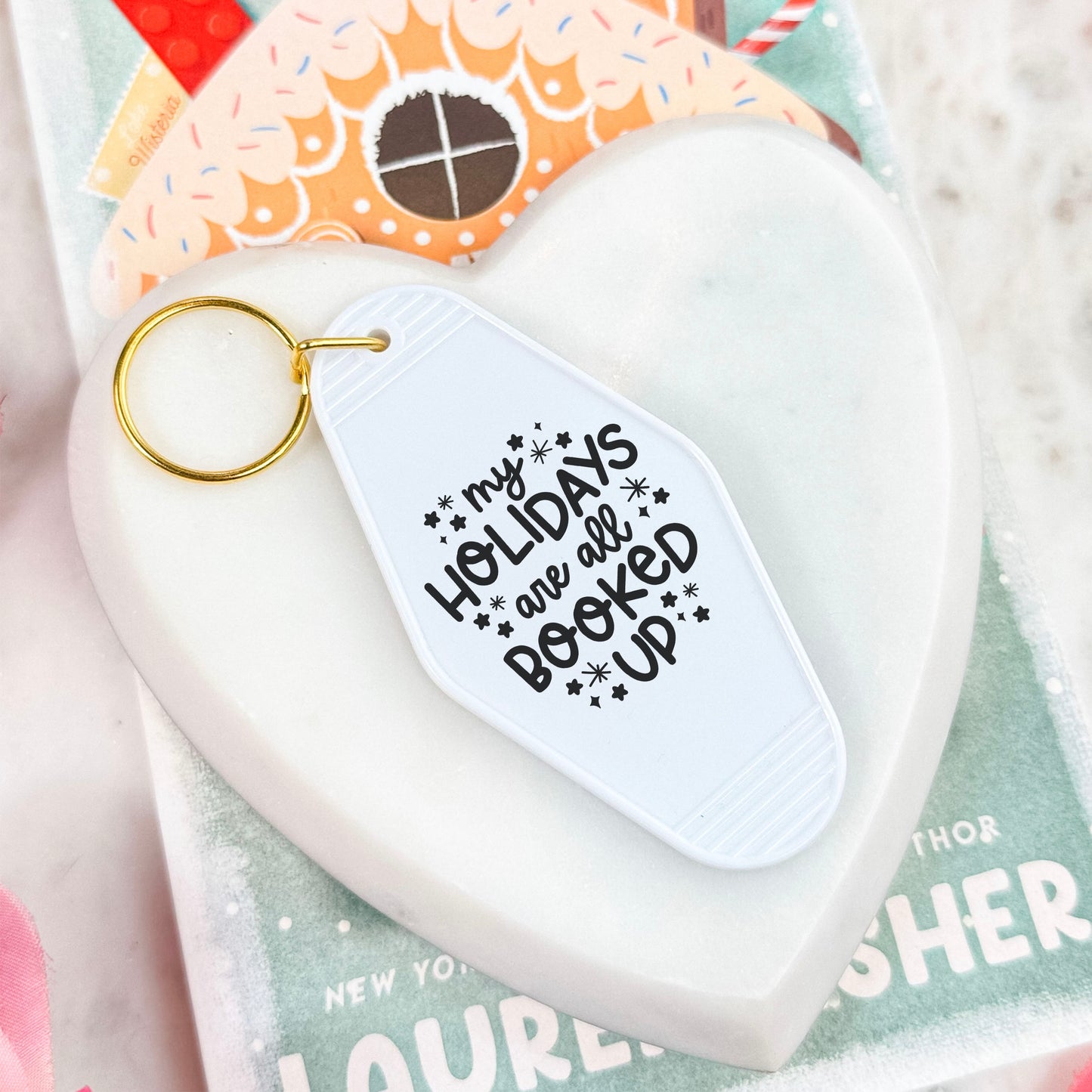 My Holidays Are All Booked Up Keychain – Festive Bookish Motel Keychain for Readers
