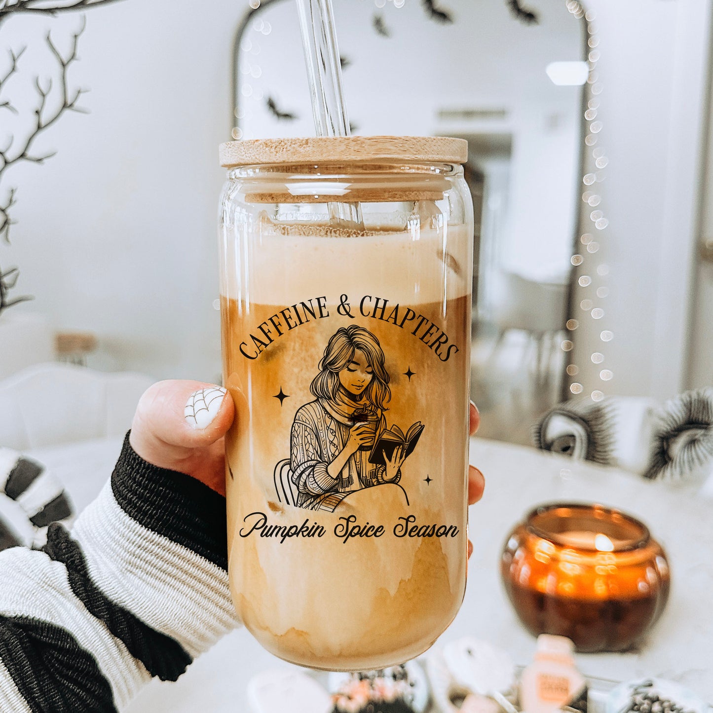 Caffeine & Chapters Pumpkin Spice Clear Glass Cup – Perfect for Book Lovers