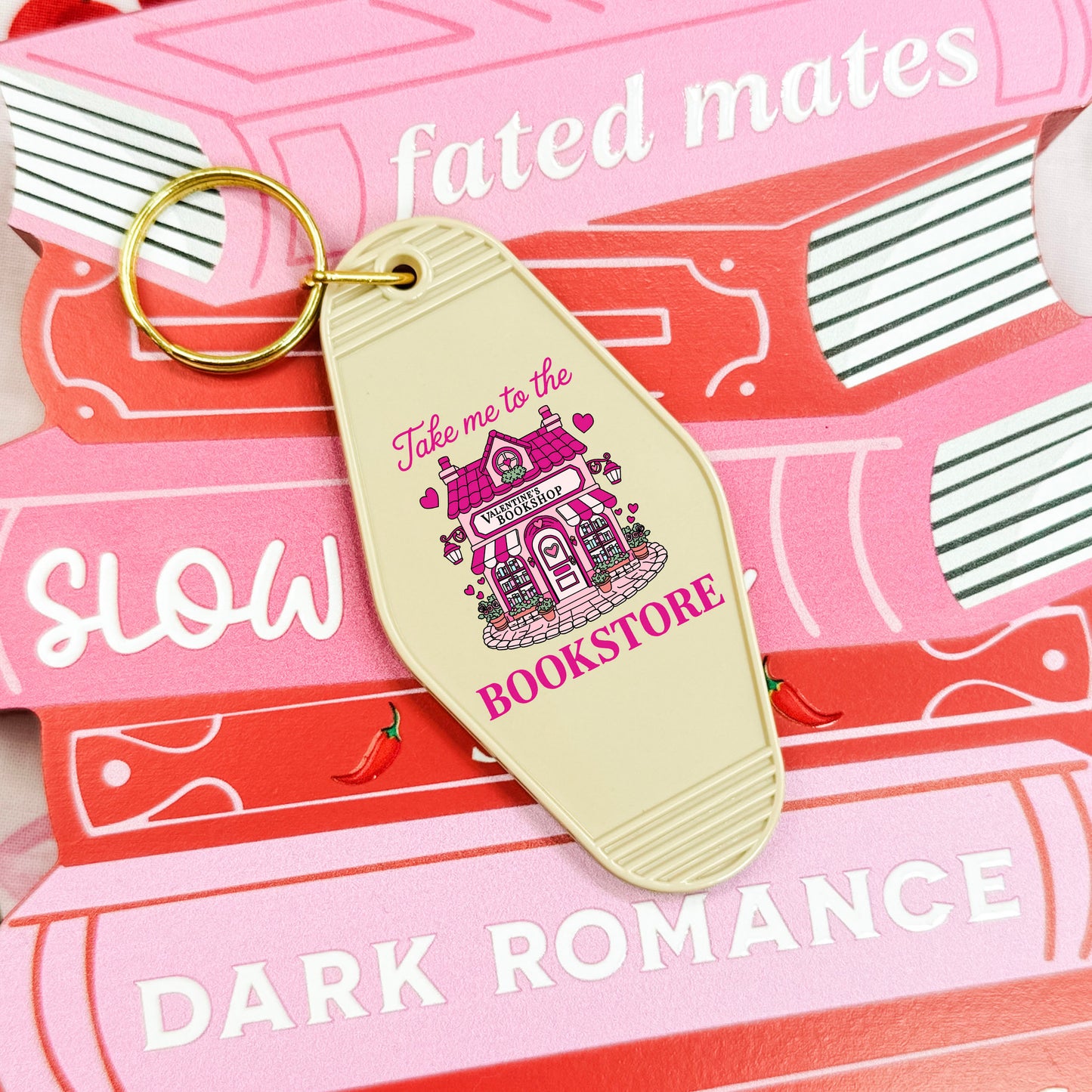 Take Me to the Bookstore Valentine's Retro Motel Keychain