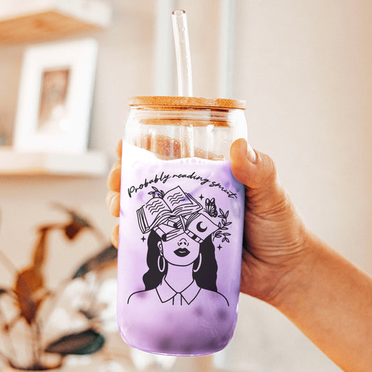 Probably Reading Smut" Clear Glass Cup | Bamboo Lid Tumbler with Reusable Straw Options for Book Lovers