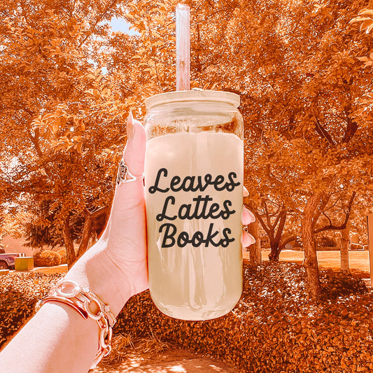 Leaves, Lattes, Books Clear Glass Cup