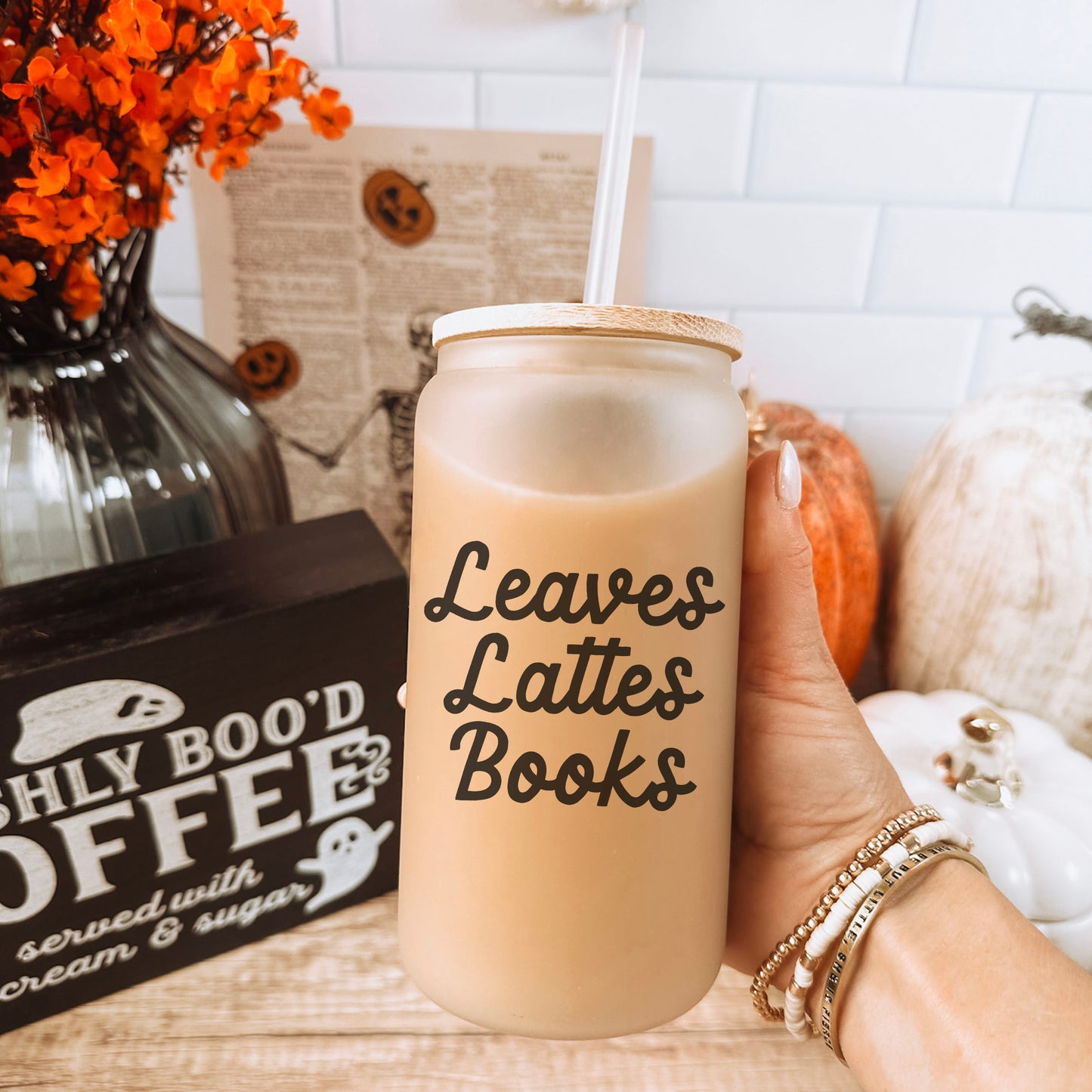 Leaves, Lattes, Books Frosted Glass Cup