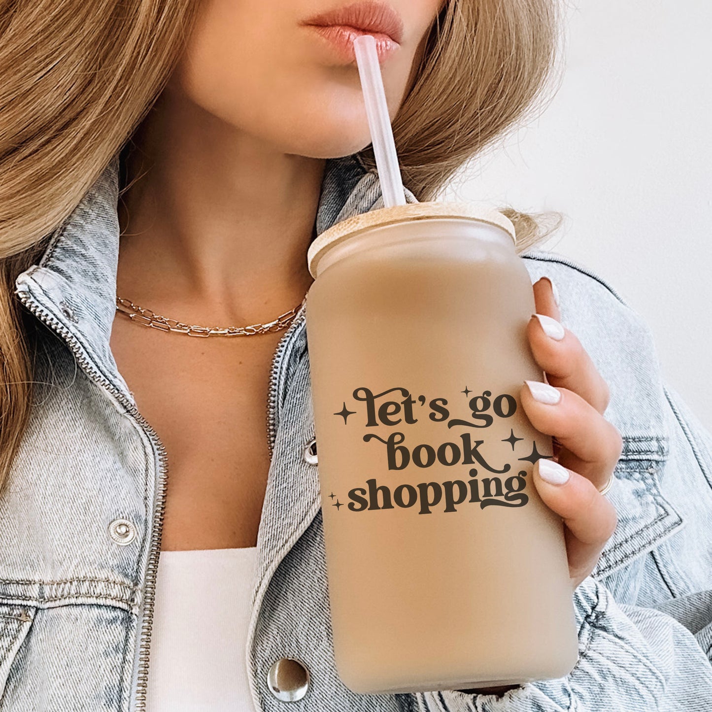 Let’s Go Book Shopping Frosted Glass Cup with Bamboo Lid and Reusable Straw