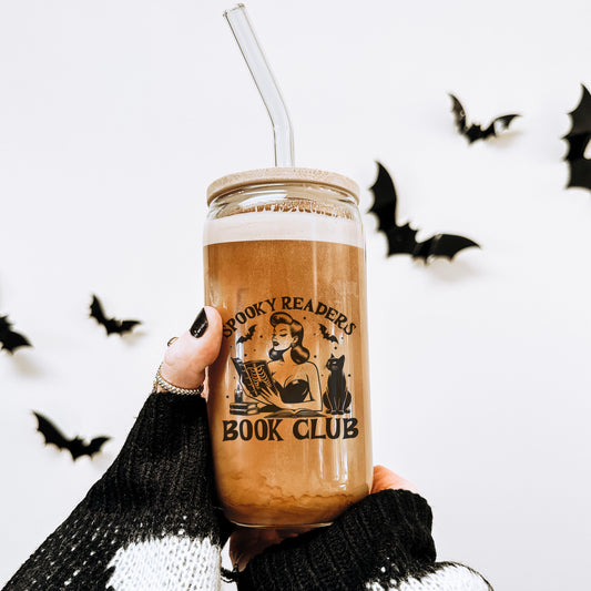 Spooky Readers Book Club Glass Cup | Clear Tumbler with Bamboo Lid and Optional Glass Straw Upgrade for Halloween Book Lovers