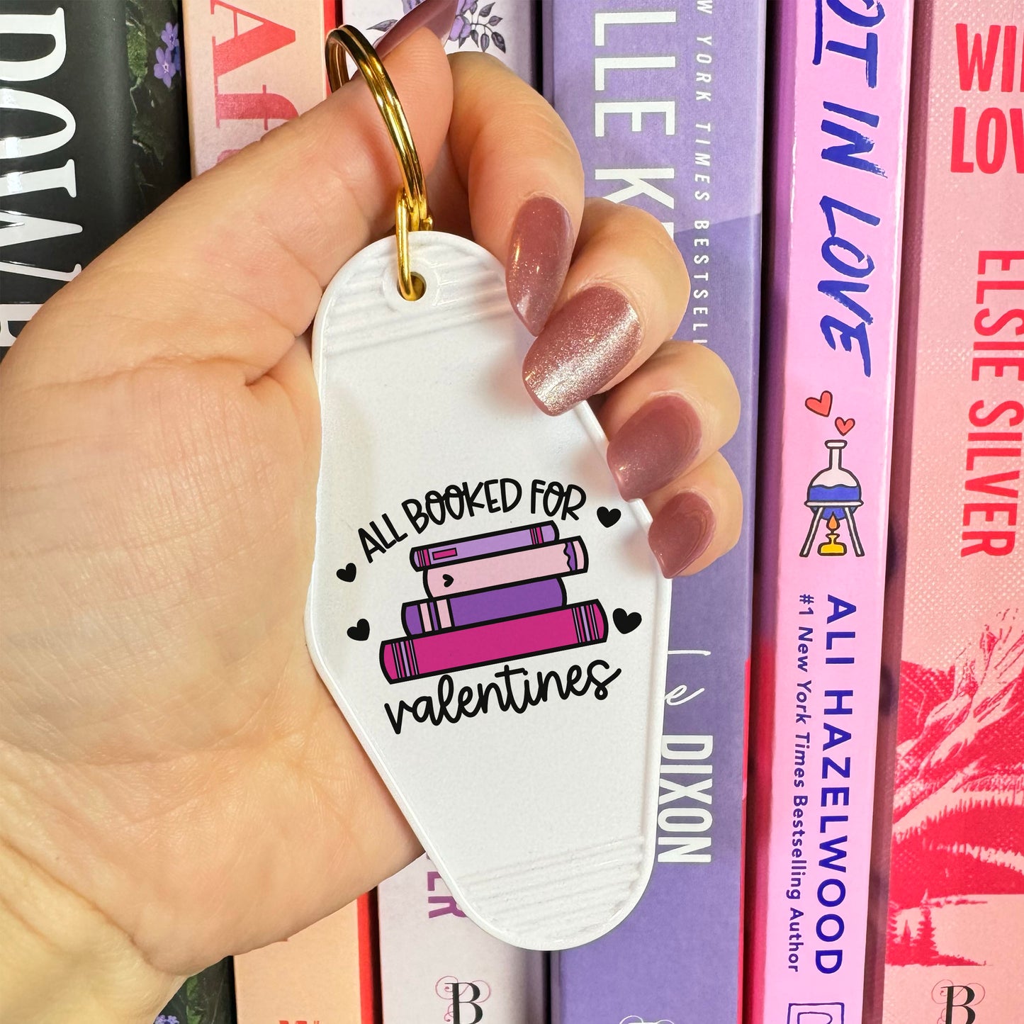 All Booked for Valentines Motel Keychain with UVF Decal | A Perfect Gift for Book Lovers