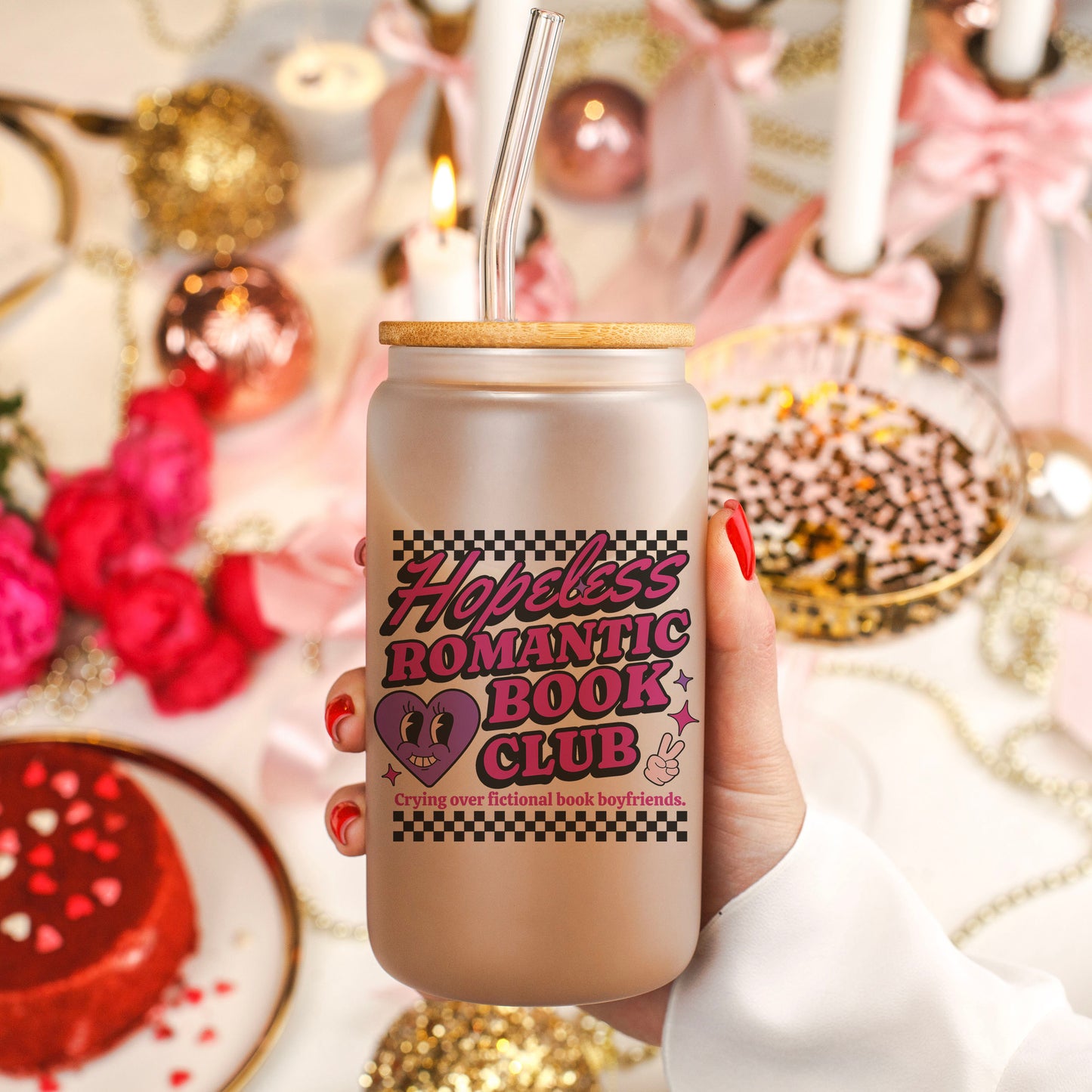 Hopeless Romantic Book Club Frosted Glass Cup with Bamboo Lid and Straw | Perfect for Valentine’s Day and Book Lovers