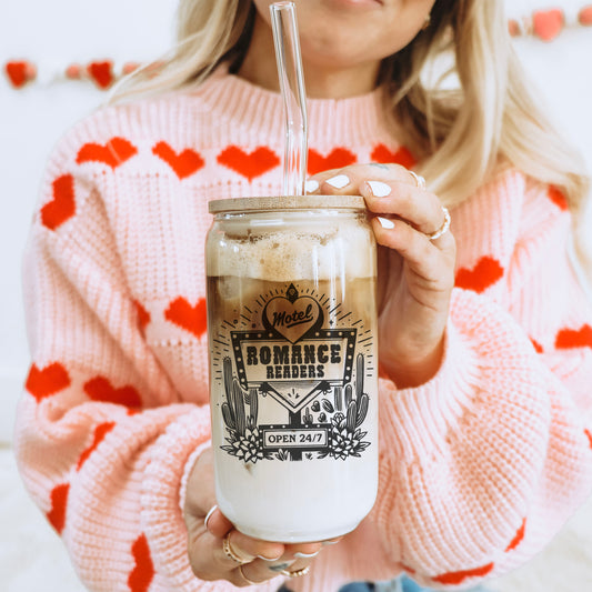 Romance Readers Motel Clear Glass Cup with Bamboo Lid & Straw
