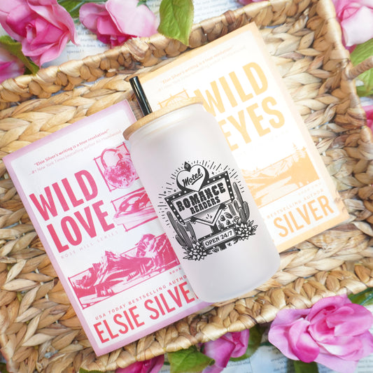 Romance Readers Motel Frosted Glass Cup with Bamboo Lid and Straw