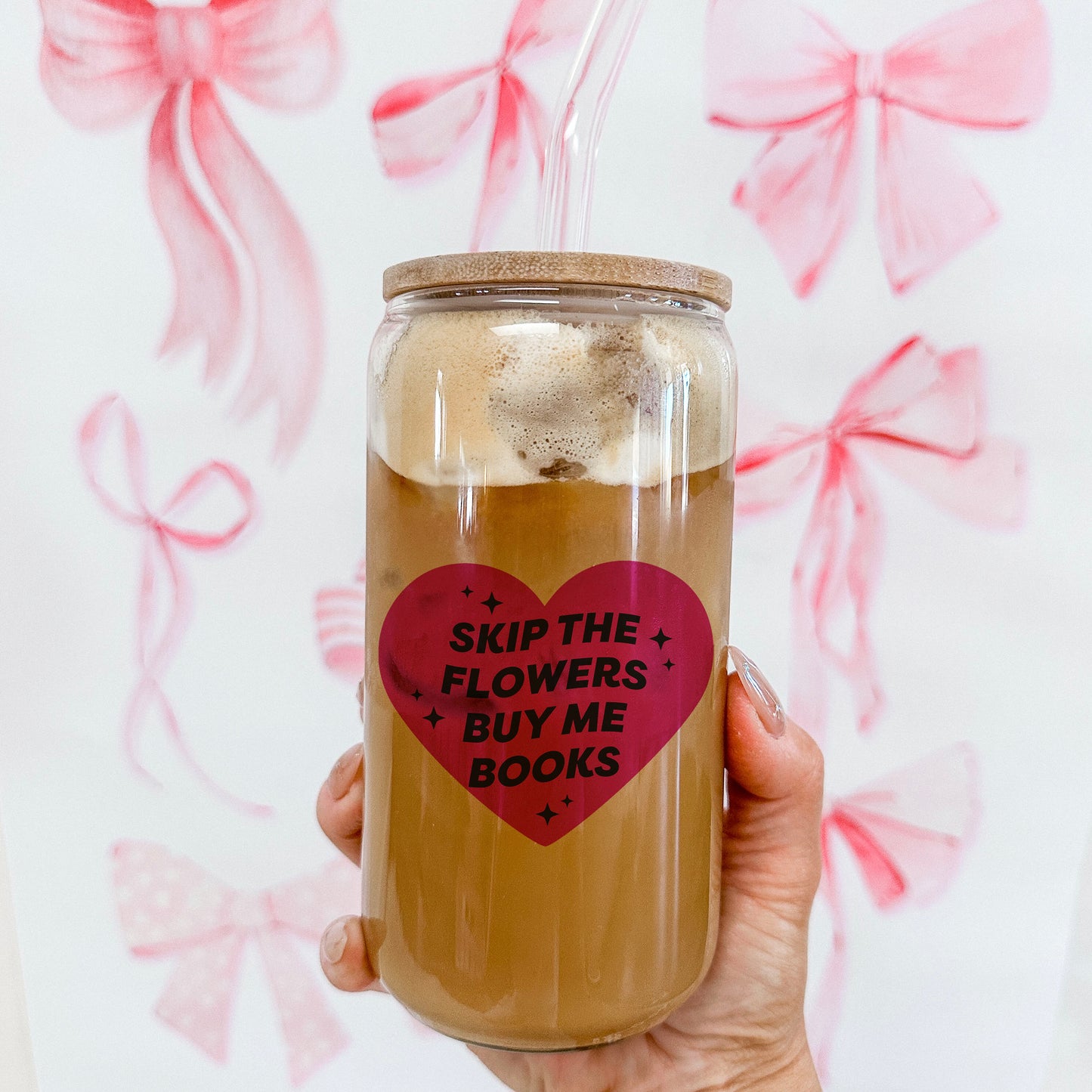 Skip the Flowers Buy Me Books Clear Glass Cup with Bamboo Lid and Straw | Perfect for Book Lovers and Valentine’s Day