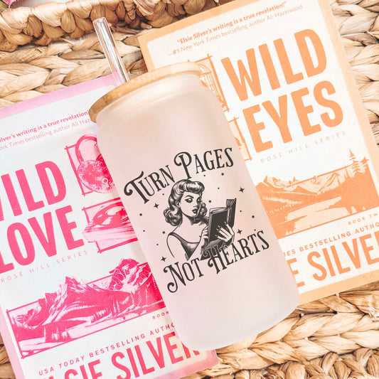 Turn Pages Not Hearts Frosted Glass Cup with Bamboo Lid and Straw | Perfect for Valentine’s Day and Book Lovers