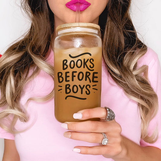 Books Before Boys Clear Glass Cup with Bamboo Lid and Straw | Perfect for Valentine’s Day and Book Lovers