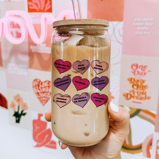 Bookish Tropes Candy Hearts Clear Glass Cup with Bamboo Lid and Straw | Perfect for Valentine's Day