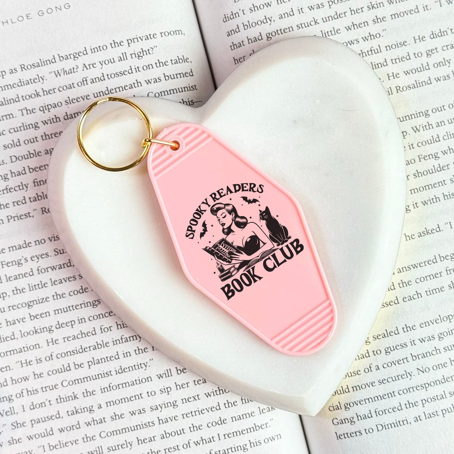 Spooky Readers Book Club Motel Keychain | Retro Halloween Bookish Accessory with UVF Decal