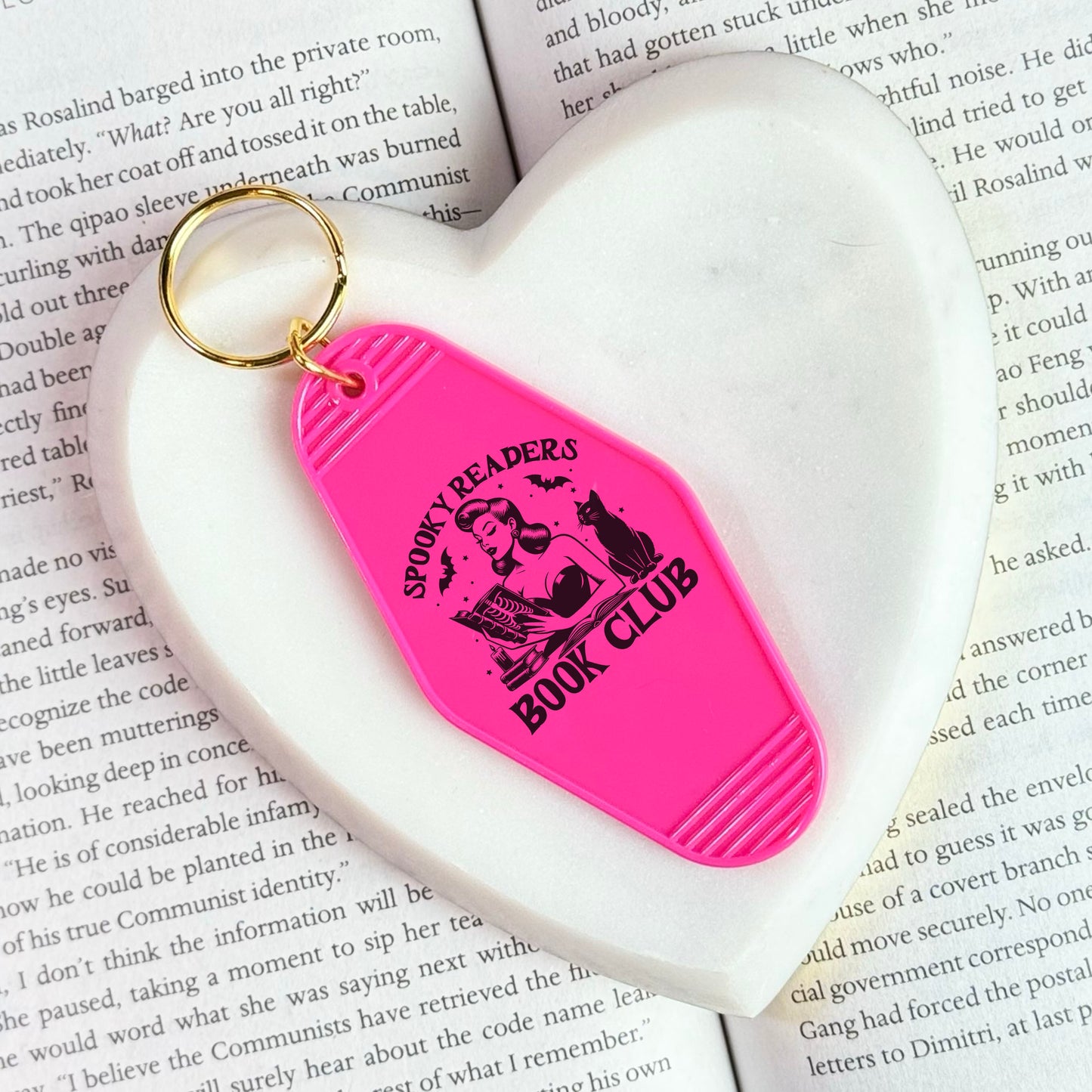 Spooky Readers Book Club Motel Keychain | Retro Halloween Bookish Accessory with UVF Decal