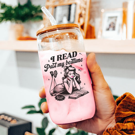 I Read Past My Bedtime Clear Glass Cup with Bamboo Lid & Plastic Straw
