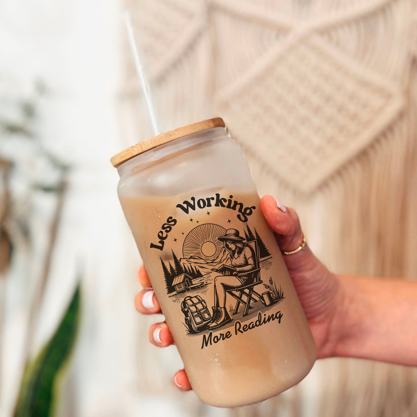 Less Working, More Reading- 16oz Frosted Glass Cup | Book Lovers Cup