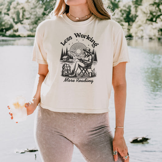 Less Working, More Reading | Trendy Book Lovers Crop Tee Shirt