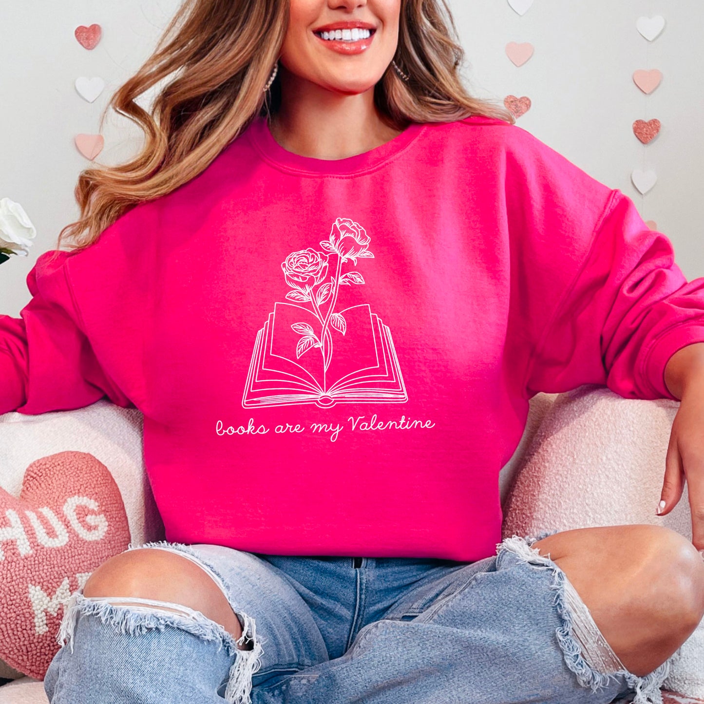 Books Are My Valentine (Floral) Gildan Crewneck Sweatshirt