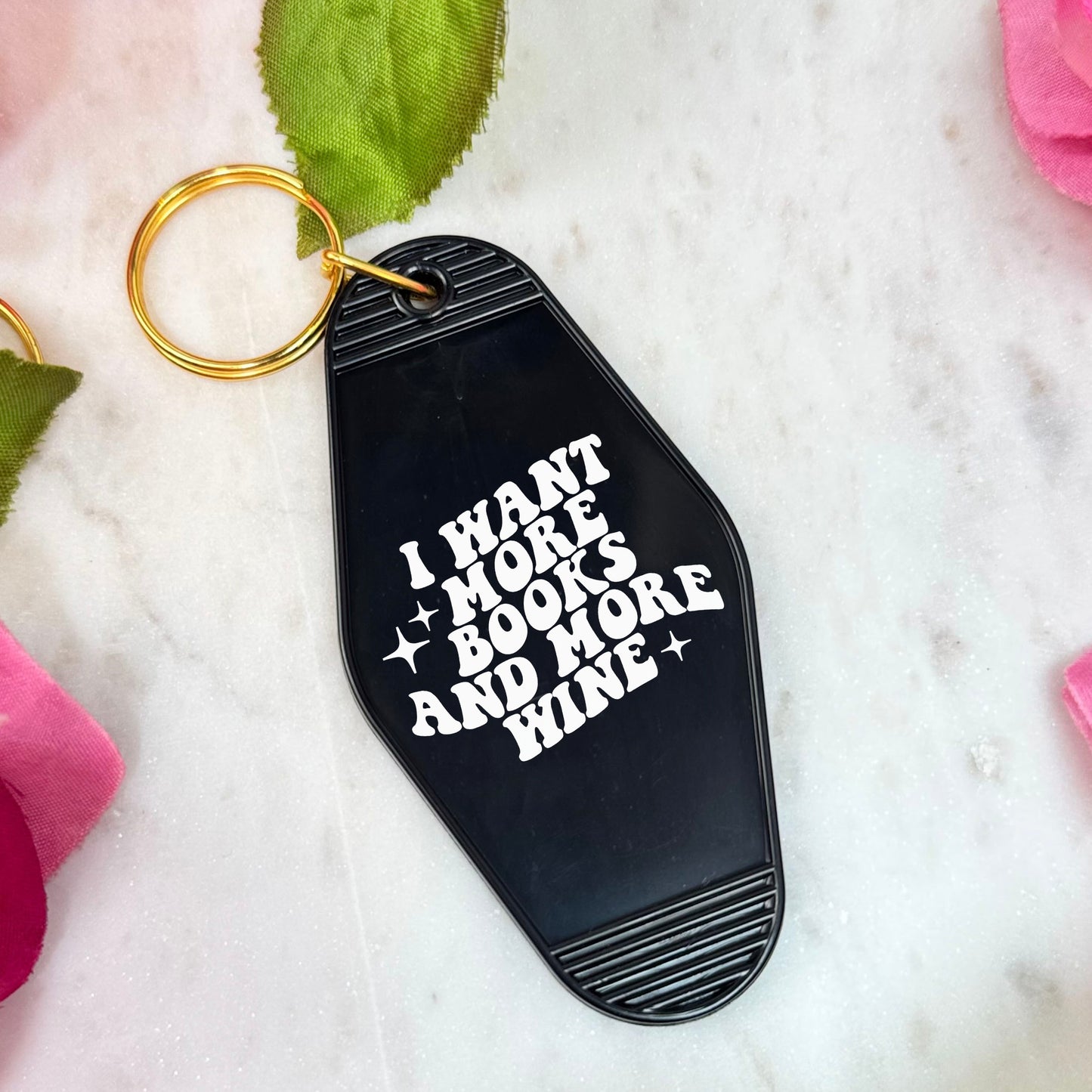I Want More Books And More Wine Retro Motel Keychain