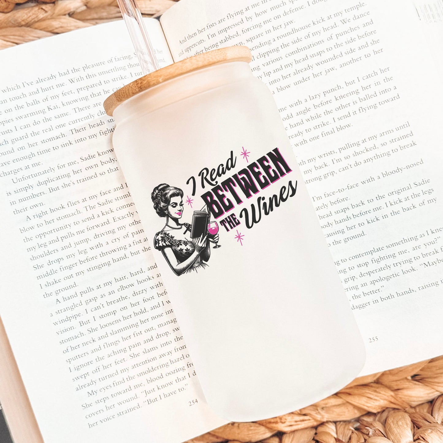 I Read Between The Wines Frosted Glass Cup With Bamboo Lid And Plastic Straw