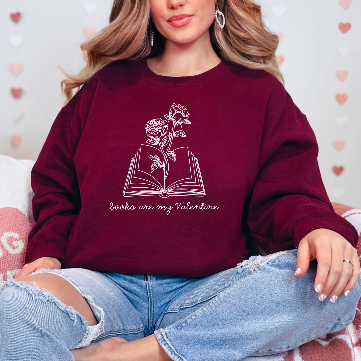 Books Are My Valentine (Floral) Gildan Crewneck Sweatshirt
