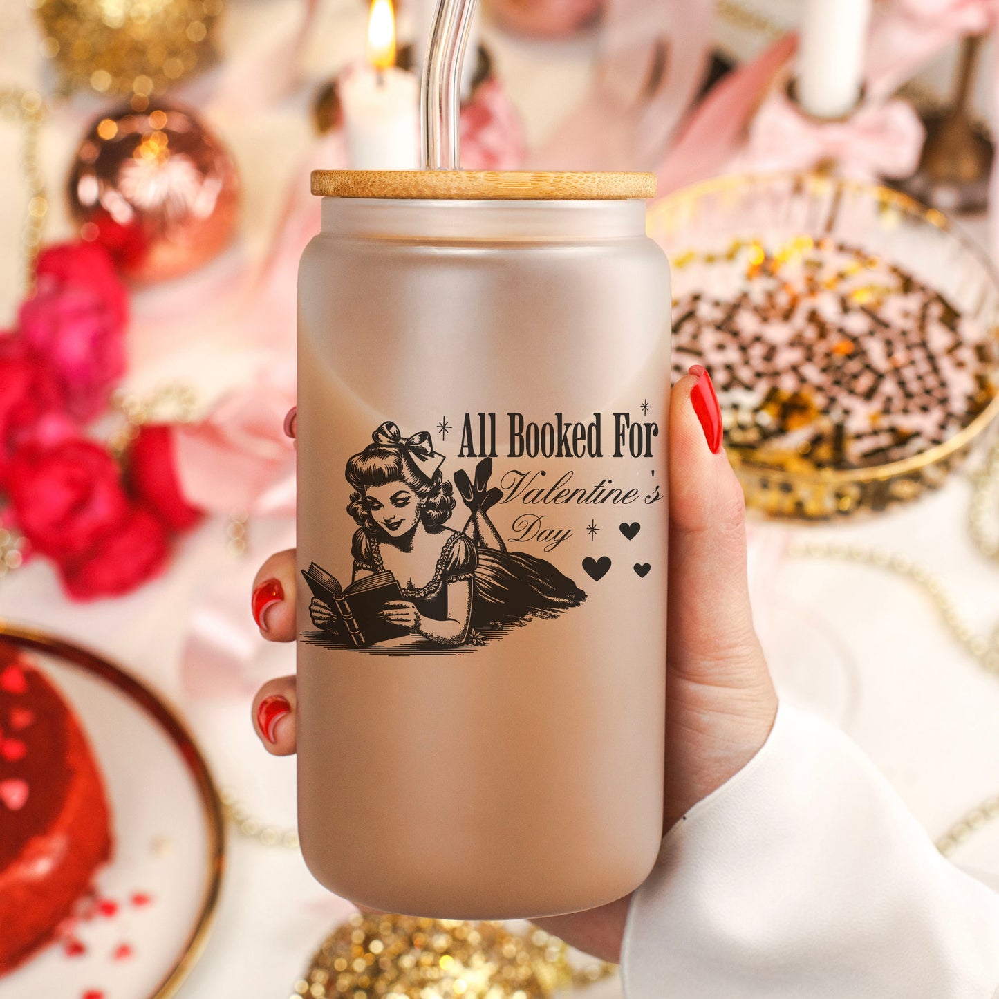 All Booked For Valentine’s Day Frosted Glass Cup with Bamboo Lid & Straw