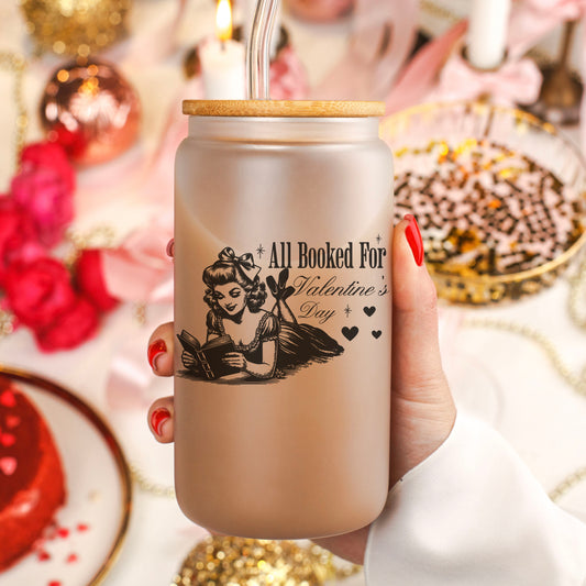All Booked For Valentine’s Day Frosted Glass Cup with Bamboo Lid & Straw