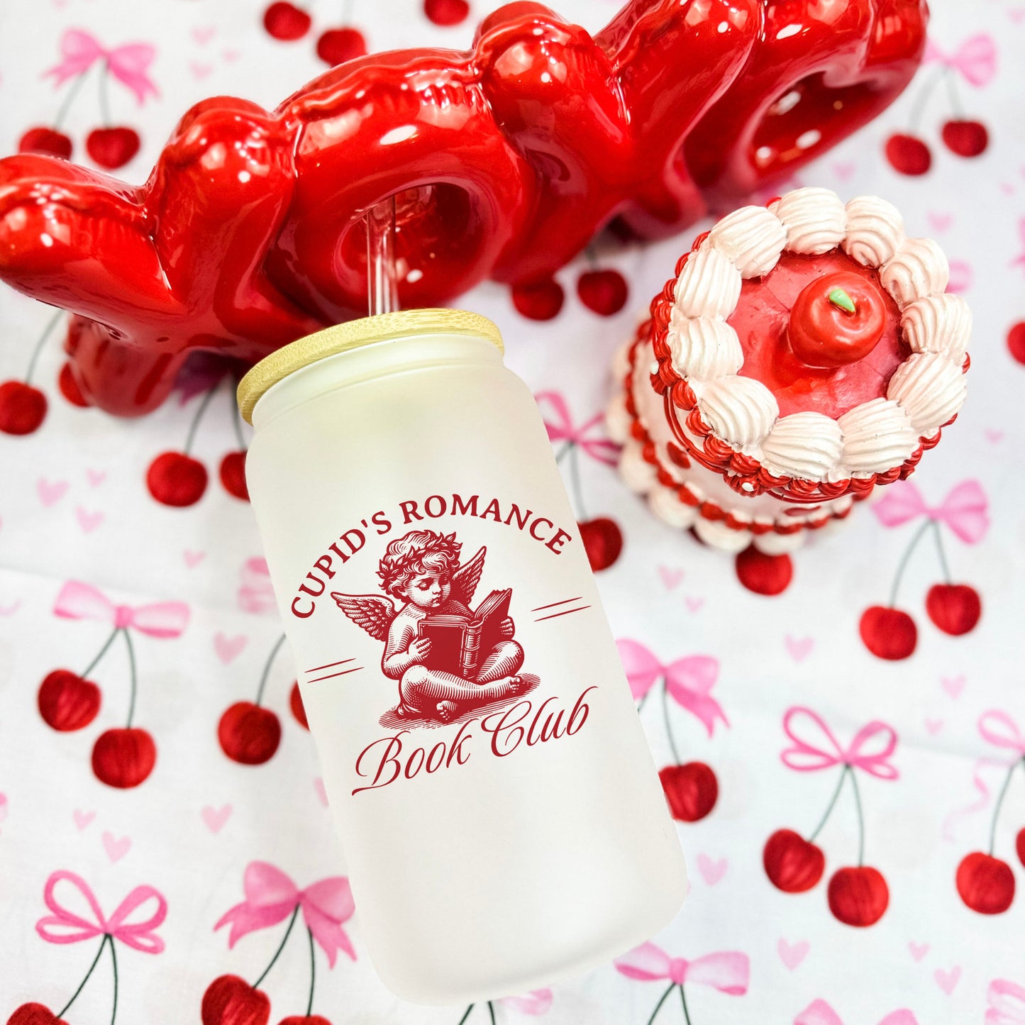 Cupid’s Romance Book Club Frosted Glass Cup with Bamboo Lid and Plastic Straw
