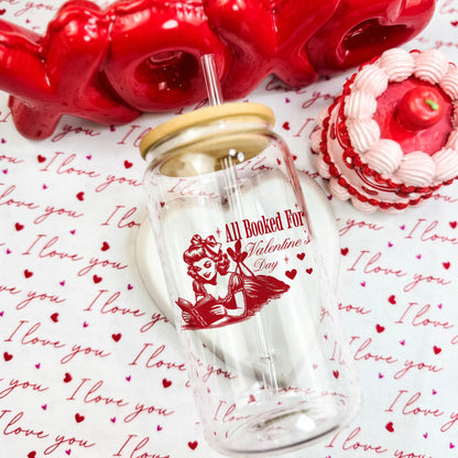 All Booked For Valentine’s Day Clear Glass Cup with Bamboo Lid & Straw