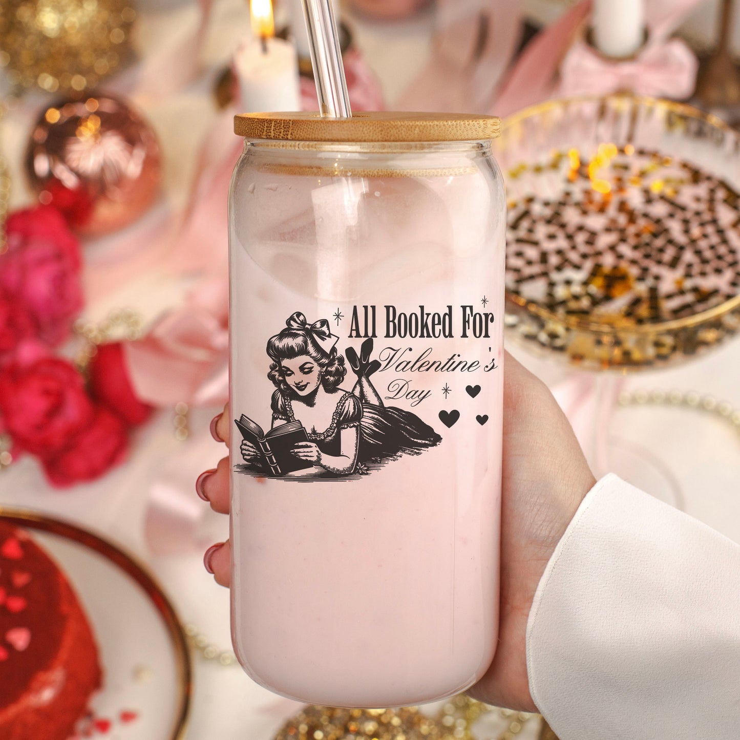 All Booked For Valentine’s Day Clear Glass Cup with Bamboo Lid & Straw