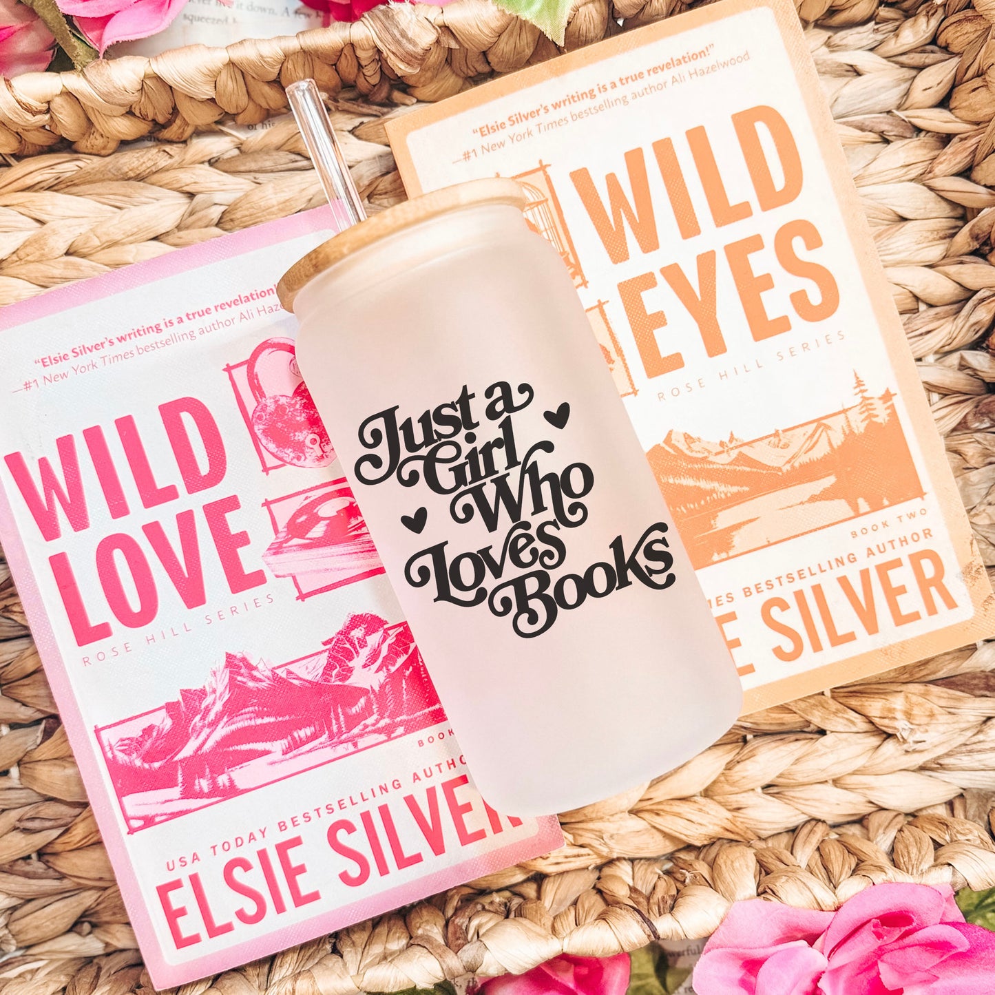 Just A Girl Who Loves Books Frosted Glass Cup | Bookish Glass Cup with Bamboo Lid and Straw