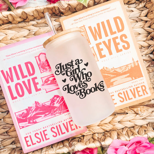 Just A Girl Who Loves Books Frosted Glass Cup | Bookish Glass Cup with Bamboo Lid and Straw