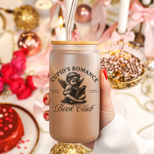Cupid’s Romance Book Club Frosted Glass Cup with Bamboo Lid and Plastic Straw