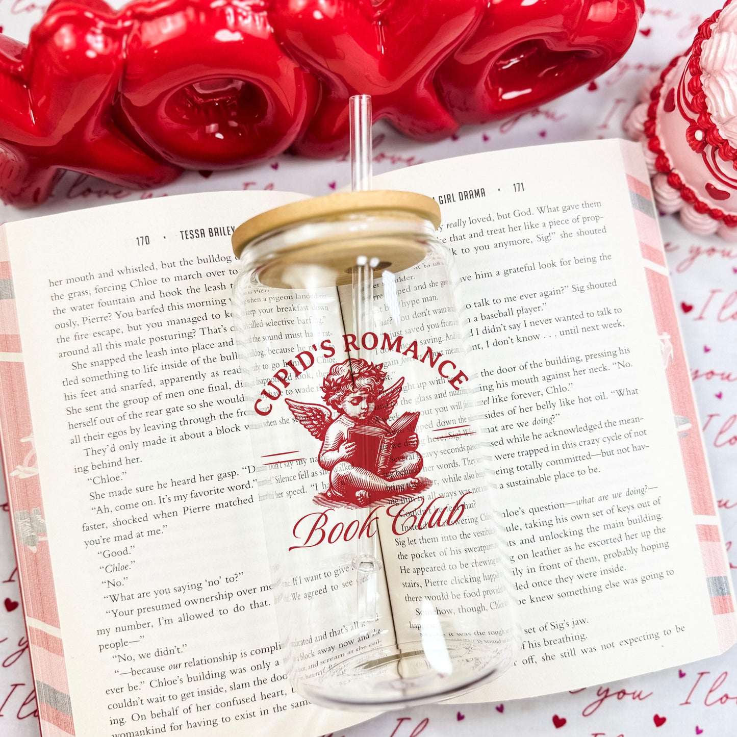 Cupid’s Romance Book Club Clear Glass Cup with Bamboo Lid and Plastic Straw