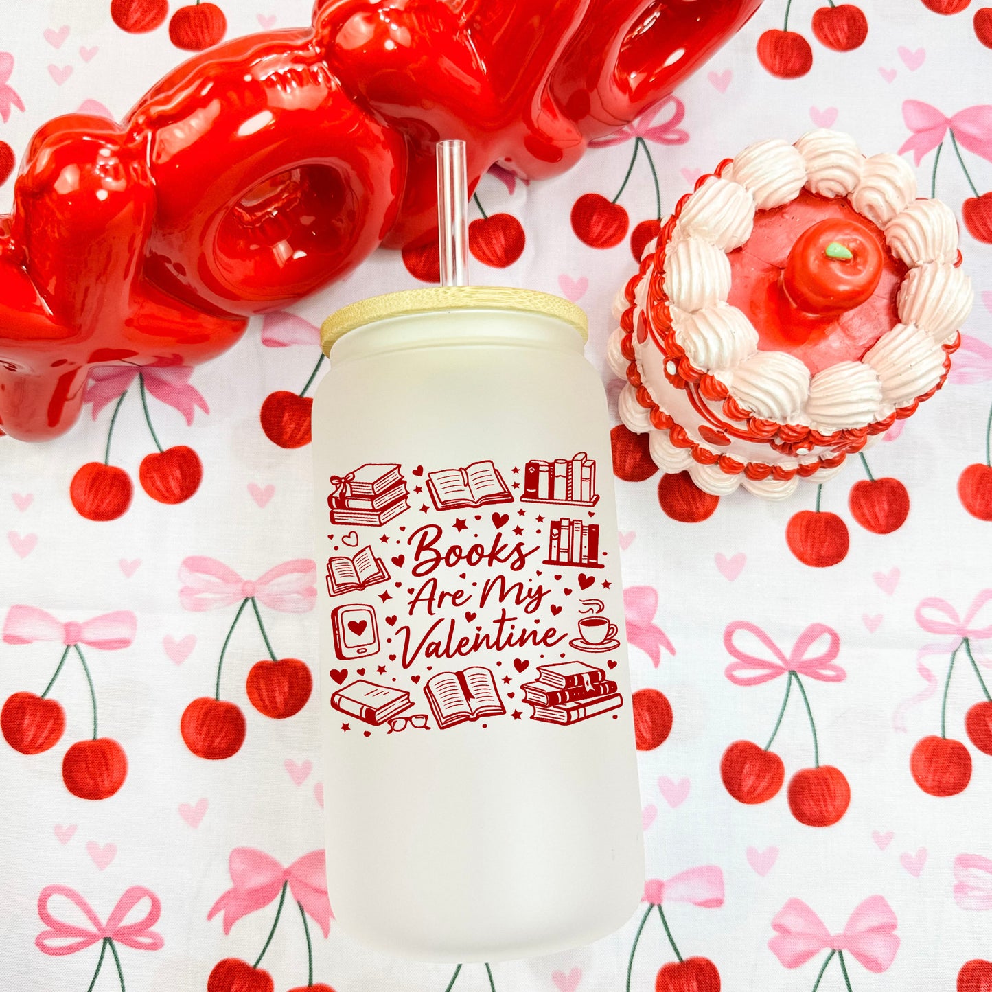 Books Are My Valentine (Graphic) Frosted Glass Cup with Bamboo Lid & Straw