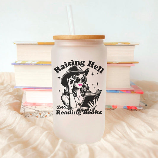 Raising Hell And Reading Books Frosted Glass Cup with Bamboo Lid & Straw