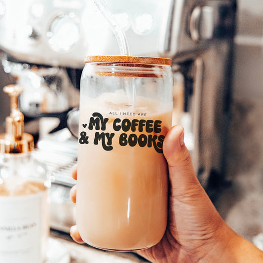 All I Need Are My Coffee & My Books Clear Glass Cup with Bamboo Lid & Straw