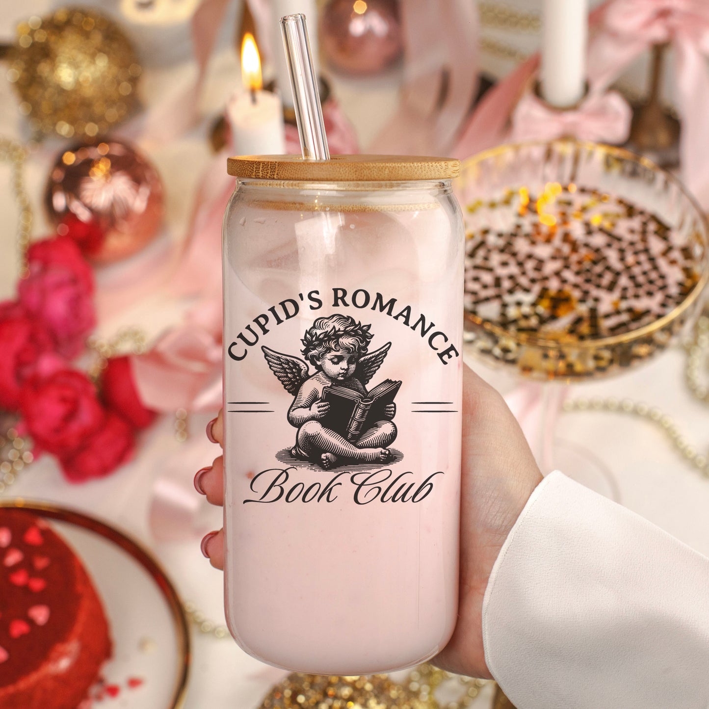 Cupid’s Romance Book Club Clear Glass Cup with Bamboo Lid and Plastic Straw