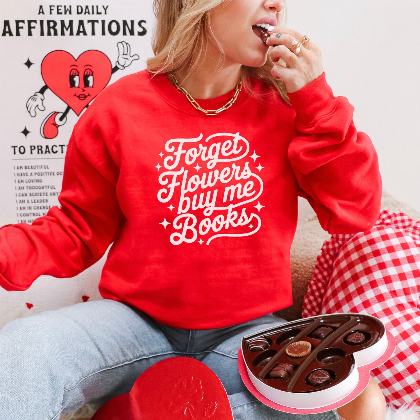 Forget Flowers Buy Me Books Gildan Heavy Blend Crewneck Sweatshirt