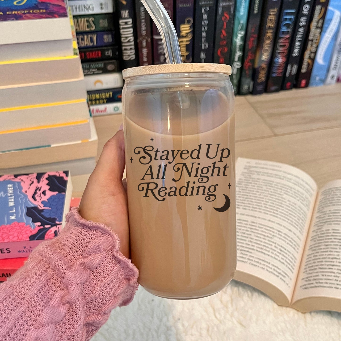 Stayed Up All Night Reading Clear Glass Cup with Bamboo Lid | Perfect for Book Lovers