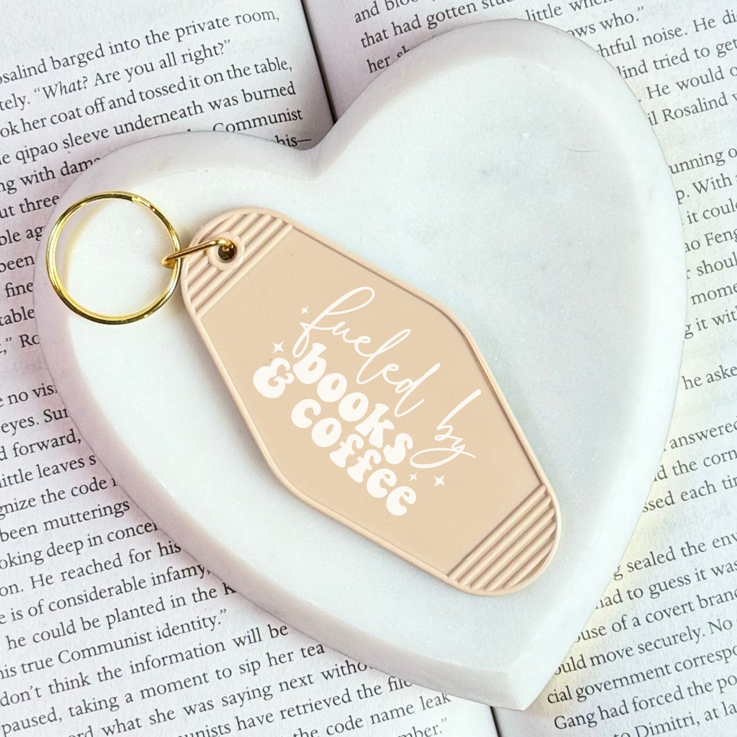 Fueled by Books and Coffee Retro Motel Keychain