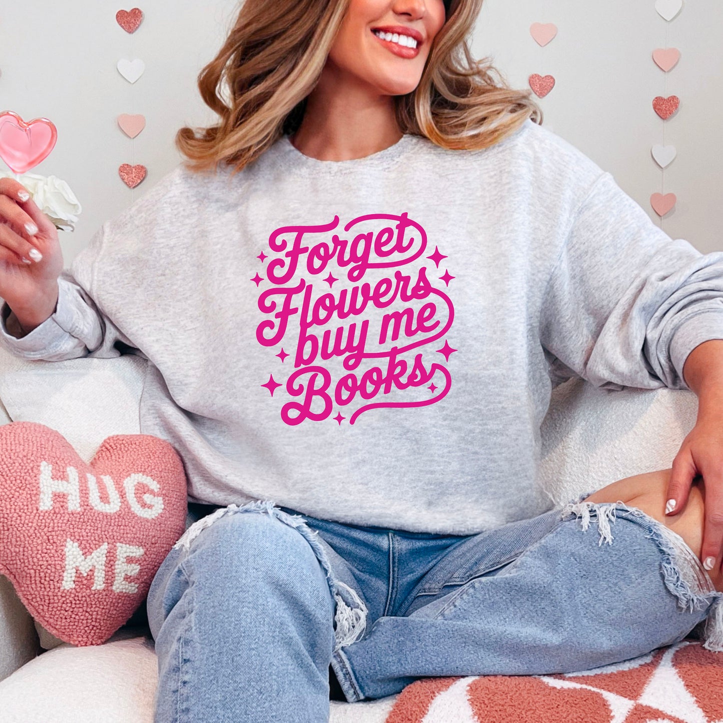 Forget Flowers Buy Me Books Gildan Heavy Blend Crewneck Sweatshirt