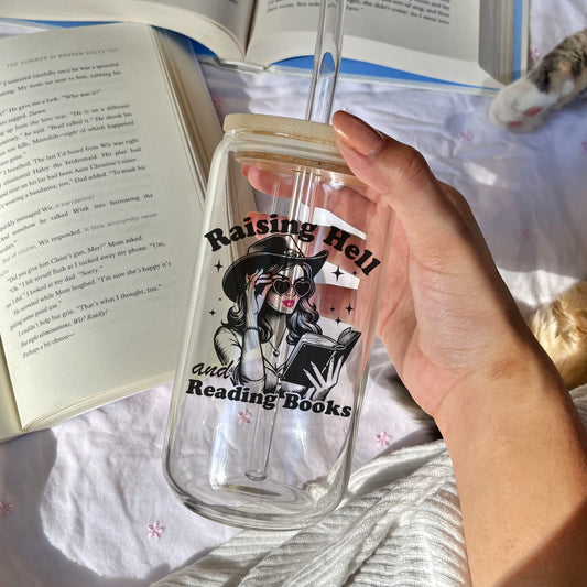 Raising Hell And Reading Books Clear Glass Cup with Bamboo Lid & Straw