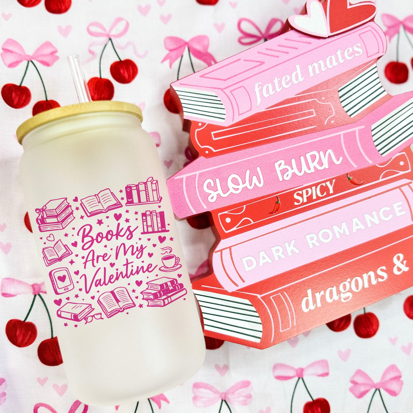 Books Are My Valentine (Graphic) Frosted Glass Cup with Bamboo Lid & Straw